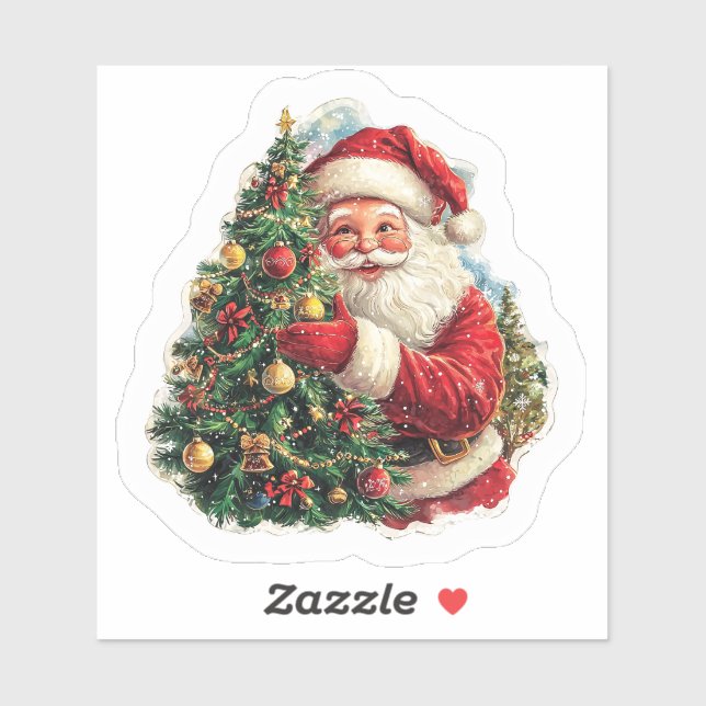 Cheerful Santa Trims Christmas Tree Sticker (Sheet)