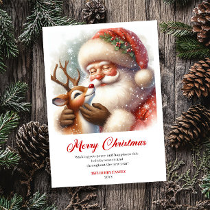 Cheerful Santa With Rudolph Fun Christmas Greeting Holiday Card