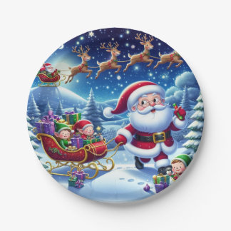 Cheerful Santa with Sleigh and Elves Christmas Paper Plates