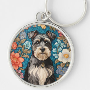 Cheerful Schnauzer William Morris Inspired Floral Keychain