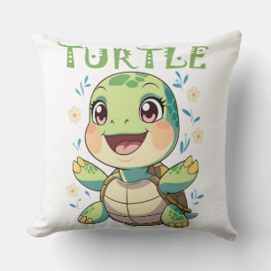 Cheerful Sea Turtle Character with Pastel Flowers Throw Pillow