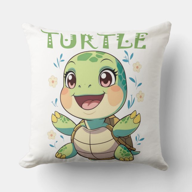 Cheerful Sea Turtle Character with Pastel Flowers Throw Pillow (Front)