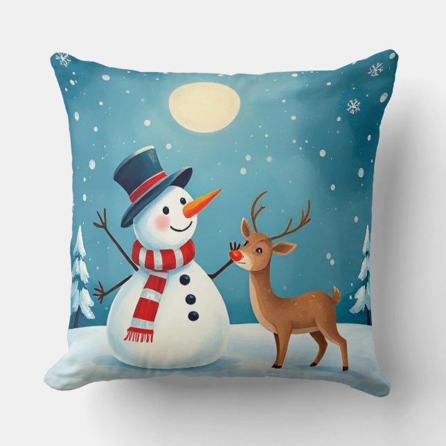 Cheerful Snowman and Reindeer Throw Pillow (Front)