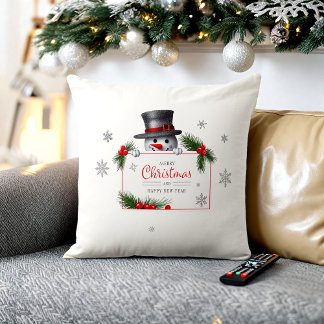 Cheerful Snowman Christmas New Year Greeting  Throw Pillow