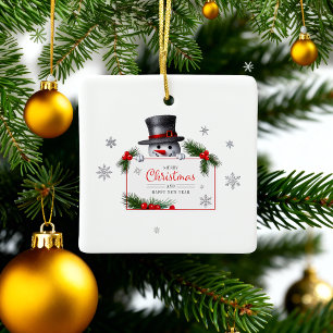 Cheerful Snowman Christmas New Year Greetings Ceramic Ornament