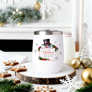 Cheerful Snowman Christmas New Year Greetings  Thermal Wine Tumbler