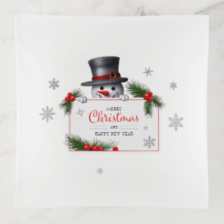 Cheerful Snowman Christmas New Year Greetings Trinket Tray