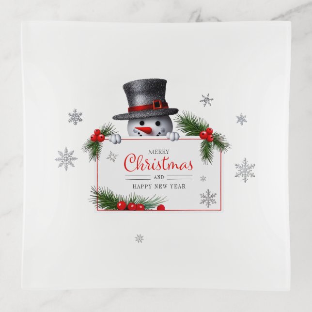 Cheerful Snowman Christmas New Year Greetings Trinket Tray (Front)