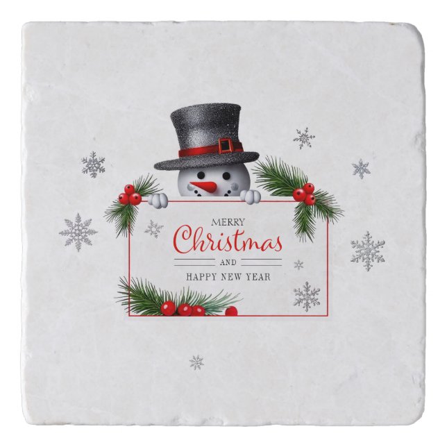 Cheerful Snowman Christmas New Year Greetings Trivet (Front)