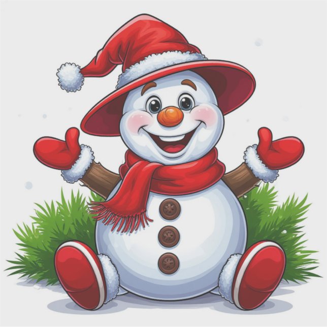 Cheerful Snowman Dressed In Red With Hat Sticker (Front)