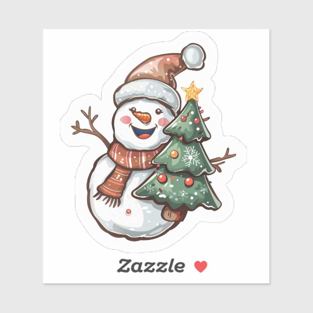 Cheerful Snowman Holding a Festive Christmas Tree Sticker (Sheet)