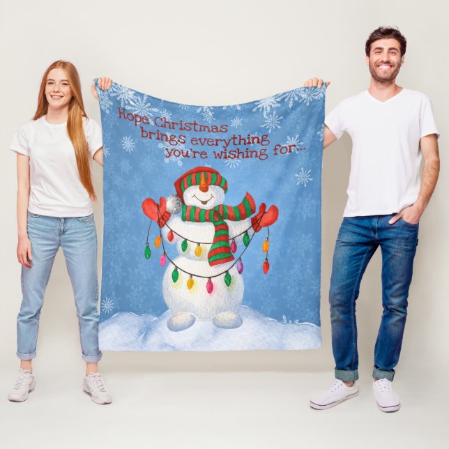 Cheerful Snowman Holding Lights on Snowflake Fleece Blanket (In Situ)