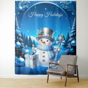 Cheerful Snowman in a Snowy Forest Backdrop