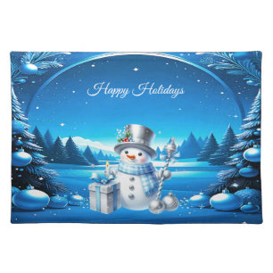 Cheerful Snowman in a Snowy Forest Cloth Placemat