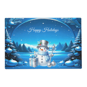 Cheerful Snowman in a Snowy Forest Paper Placemat