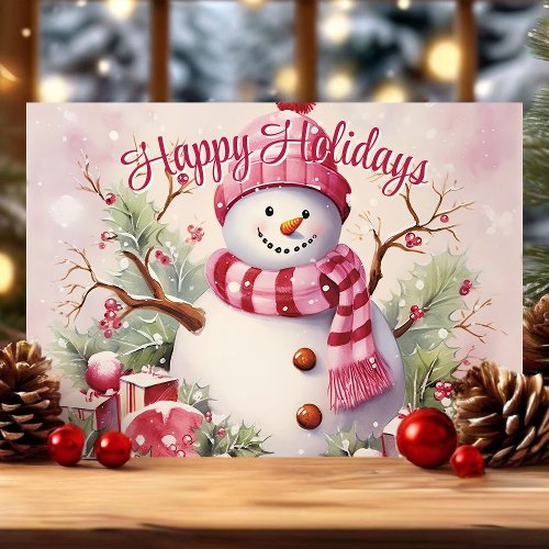 Cheerful Snowman In Pink Scarf Holiday Card