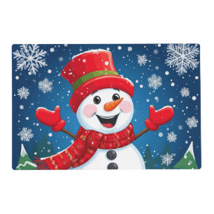Cheerful Snowman in Red Scarf and Hat Placemat