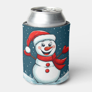 Cheerful Snowman in Santa Hat with Scarf Can Cooler