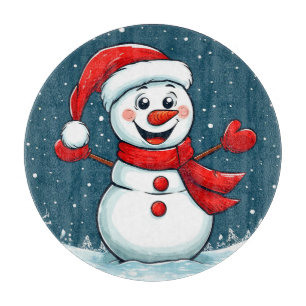 Cheerful Snowman in Santa Hat with Scarf Cutting Board