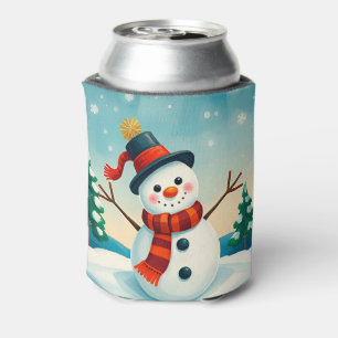 Cheerful Snowman in Winter Landscape Can Cooler