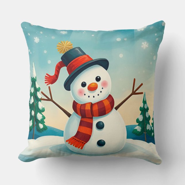 Cheerful Snowman in Winter Landscape Throw Pillow (Front)