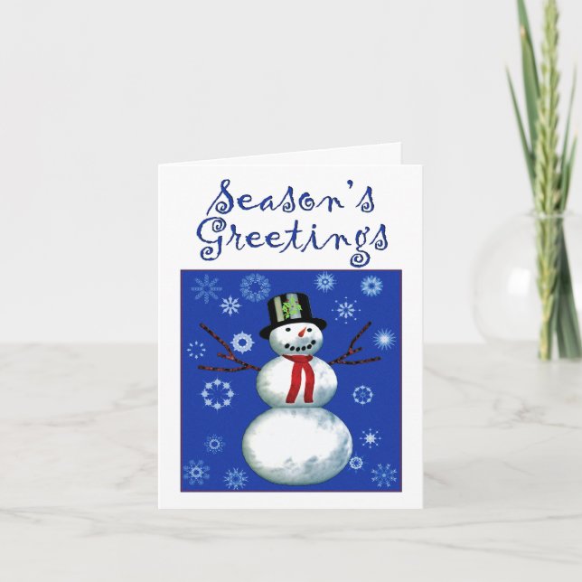 cheerful snowman on blue with snowflakes holiday card (Front)