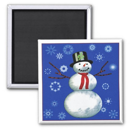 cheerful snowman on blue with snowflakes magnet
