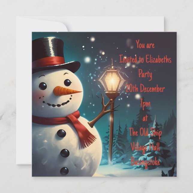 Cheerful Snowman Party Invitation  - Festive Card. (Front)
