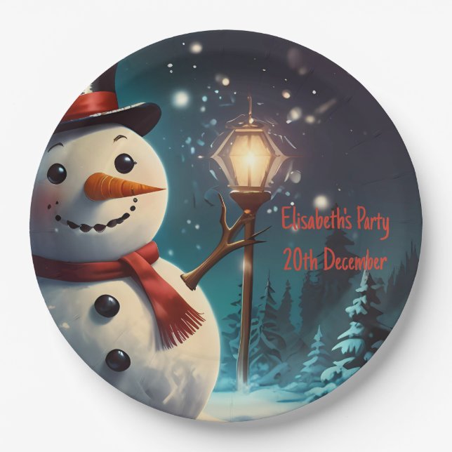 Cheerful Snowman Party Invitation  - Festive Card. Paper Plates (Front)