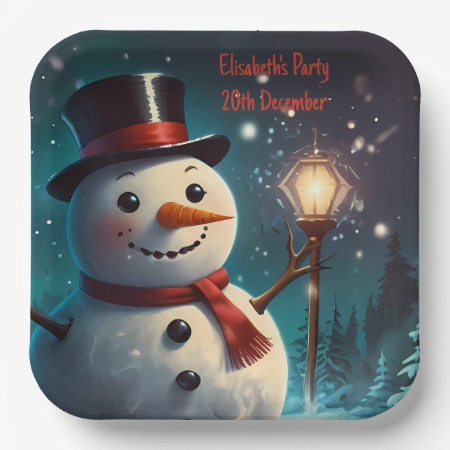 Cheerful Snowman Party Invitation  - Festive Card. Paper Plates (Front)