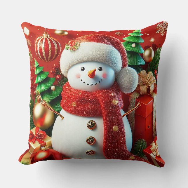 Cheerful Snowman Throw Pillow (Front)