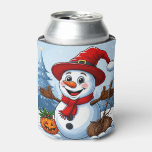 Cheerful Snowman Wearing a Santa Hat Can Cooler