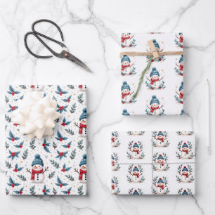 Cheerful Snowman & Winter Foliage Pattern Wrapping Paper Sheets