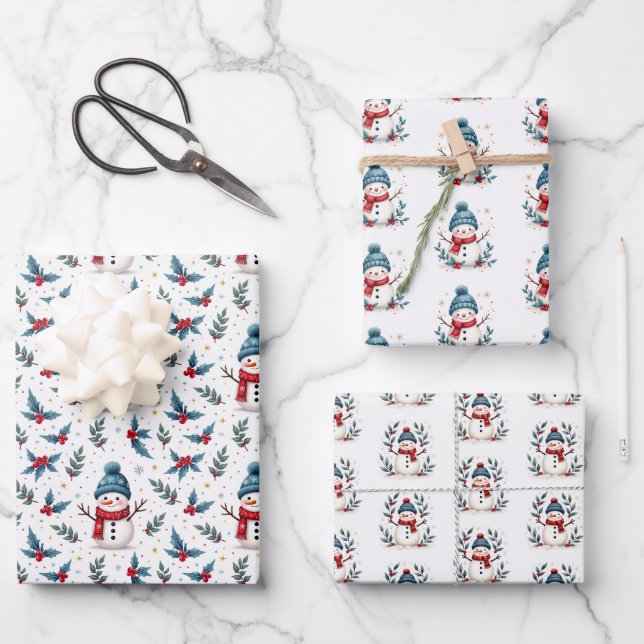 Cheerful Snowman & Winter Foliage Pattern Wrapping Paper Sheets (Front)