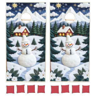 Cheerful Snowman Winter Village – Cozy Mountain Cornhole Set