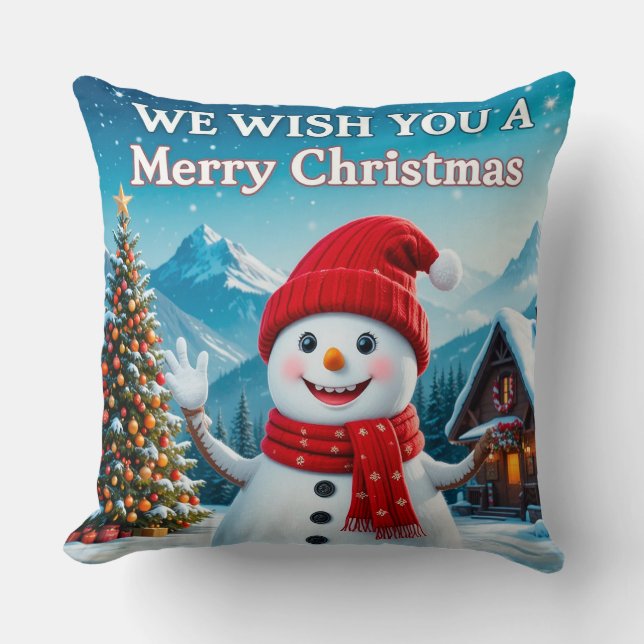 Cheerful Snowman Wishing a Merry Christmas Throw Pillow (Front)