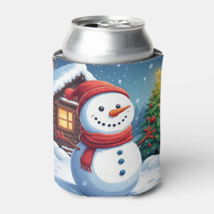 Cheerful Snowman with Christmas Tree Can Cooler