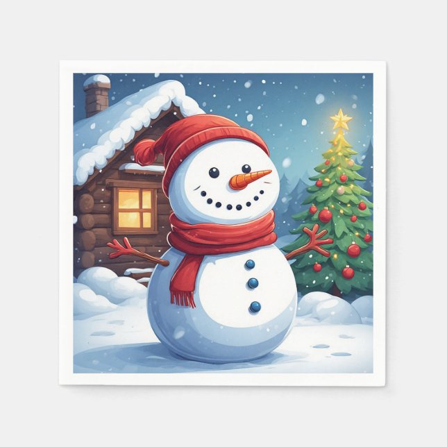 Cheerful Snowman with Christmas Tree Napkins (Front)