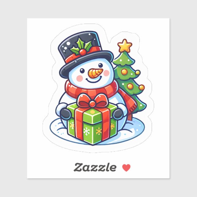 Cheerful Snowman With Gift & Christmas Tree Sticker (Sheet)