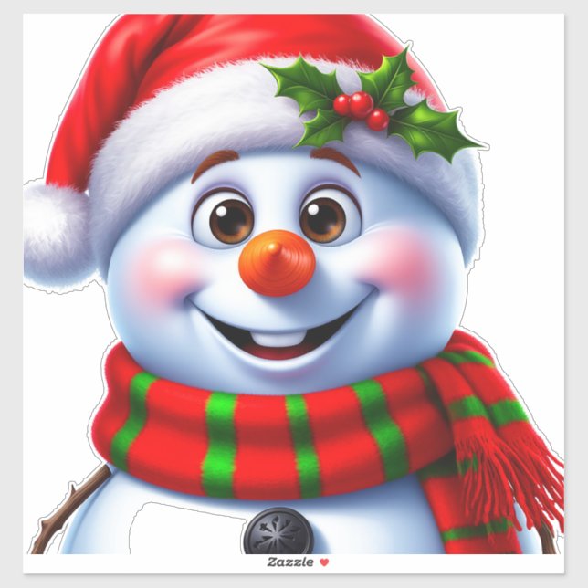 Cheerful Snowman With Santa Hat Sticker (Sheet)