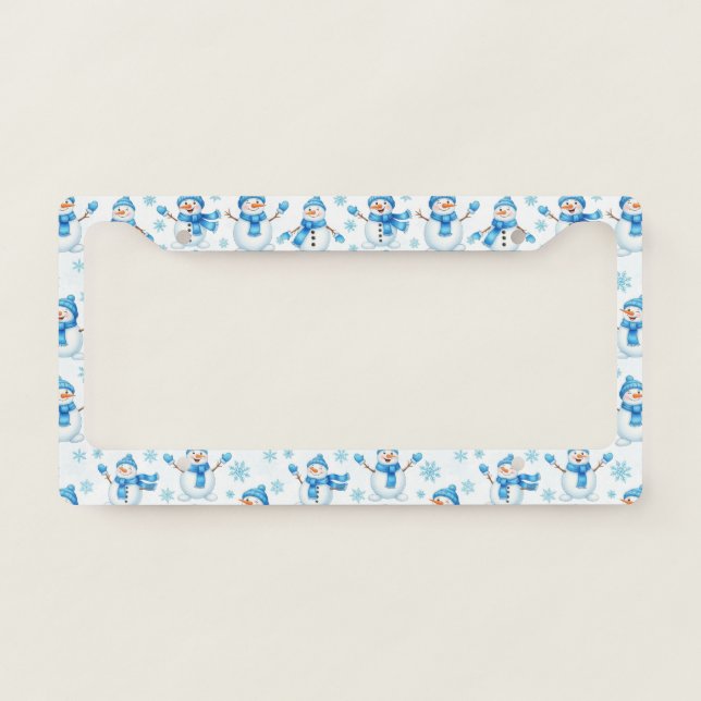 Cheerful Snowmen and Blue Snowflakes – Winter License Plate Frame (Front)