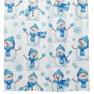 Cheerful Snowmen and Blue Snowflakes – Winter Shower Curtain