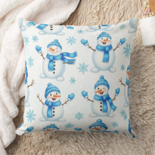 Cheerful Snowmen and Blue Snowflakes – Winter Throw Pillow