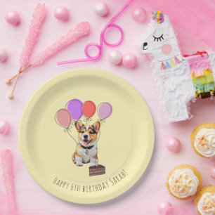 Cheerful Soft Butter Yellow Sweet Corgi Birthday Paper Plates
