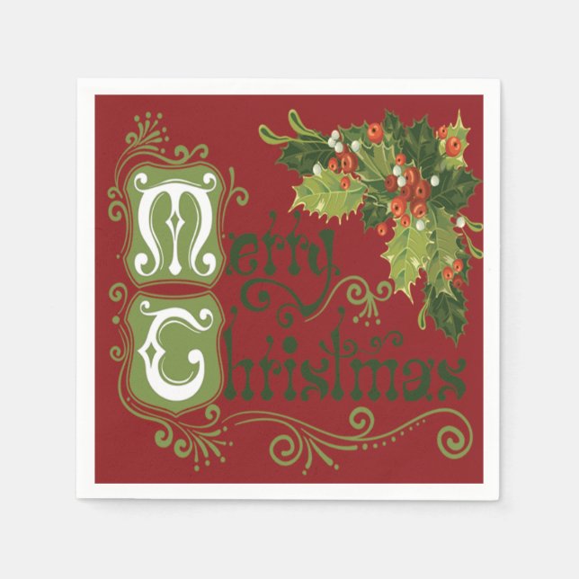 Cheerful Sprigs of Holly in Red Background Napkins (Front)