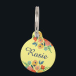 Cheerful Spring Floral Yellow Name Pet ID Tag<br><div class="desc">Bright floral yellow custom pet tag.</div>