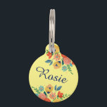 Cheerful Spring Floral Yellow Name Pet ID Tag<br><div class="desc">Bright floral yellow custom pet tag.</div>