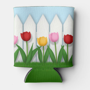 Cheerful Spring Tulips & White Picket Fence Can Cooler