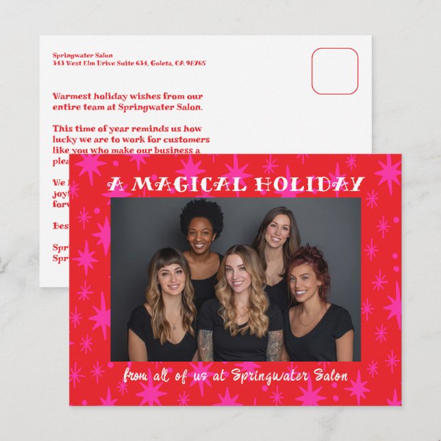 Cheerful Stars Pink Red Christmas Custom Business Holiday Postcard (Front/Back)