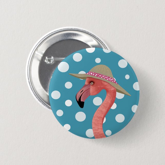 Cheerful Summer Flamingo Blue Polka Dot summer hat Button (Front & Back)